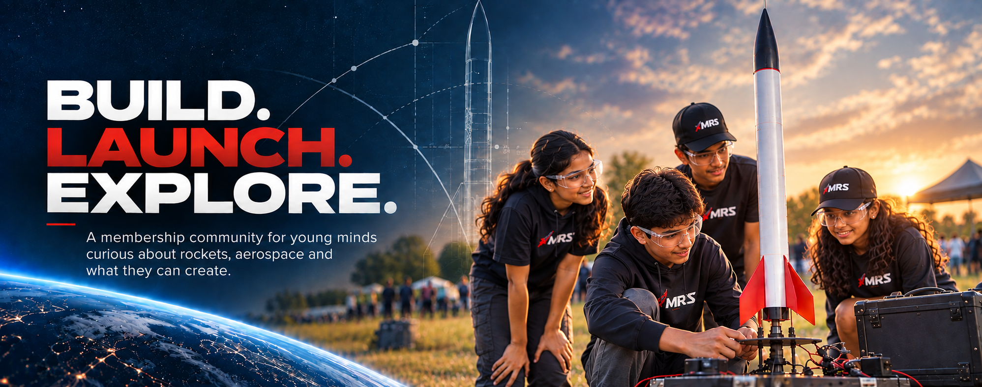 MRS students in a field preparing a model rocket for launch at sunset