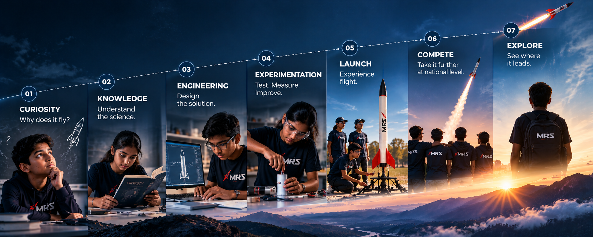 An illustrated model rocketry journey connecting curiosity, exploration, building, experimentation, launch and discovery