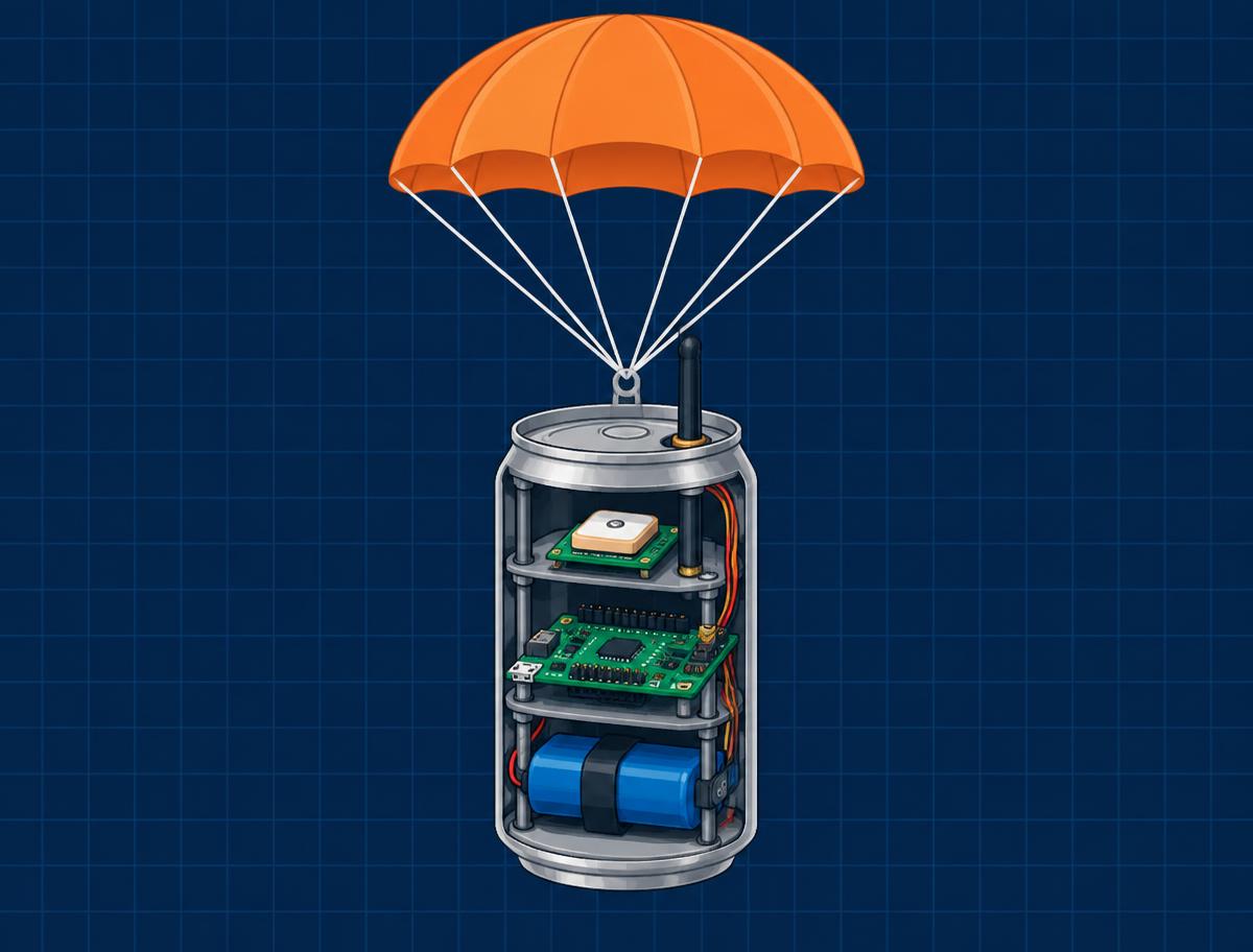 Simple cut-away model of a CanSat: a can-sized satellite with battery, flight computer, sensor and antenna, descending under a parachute