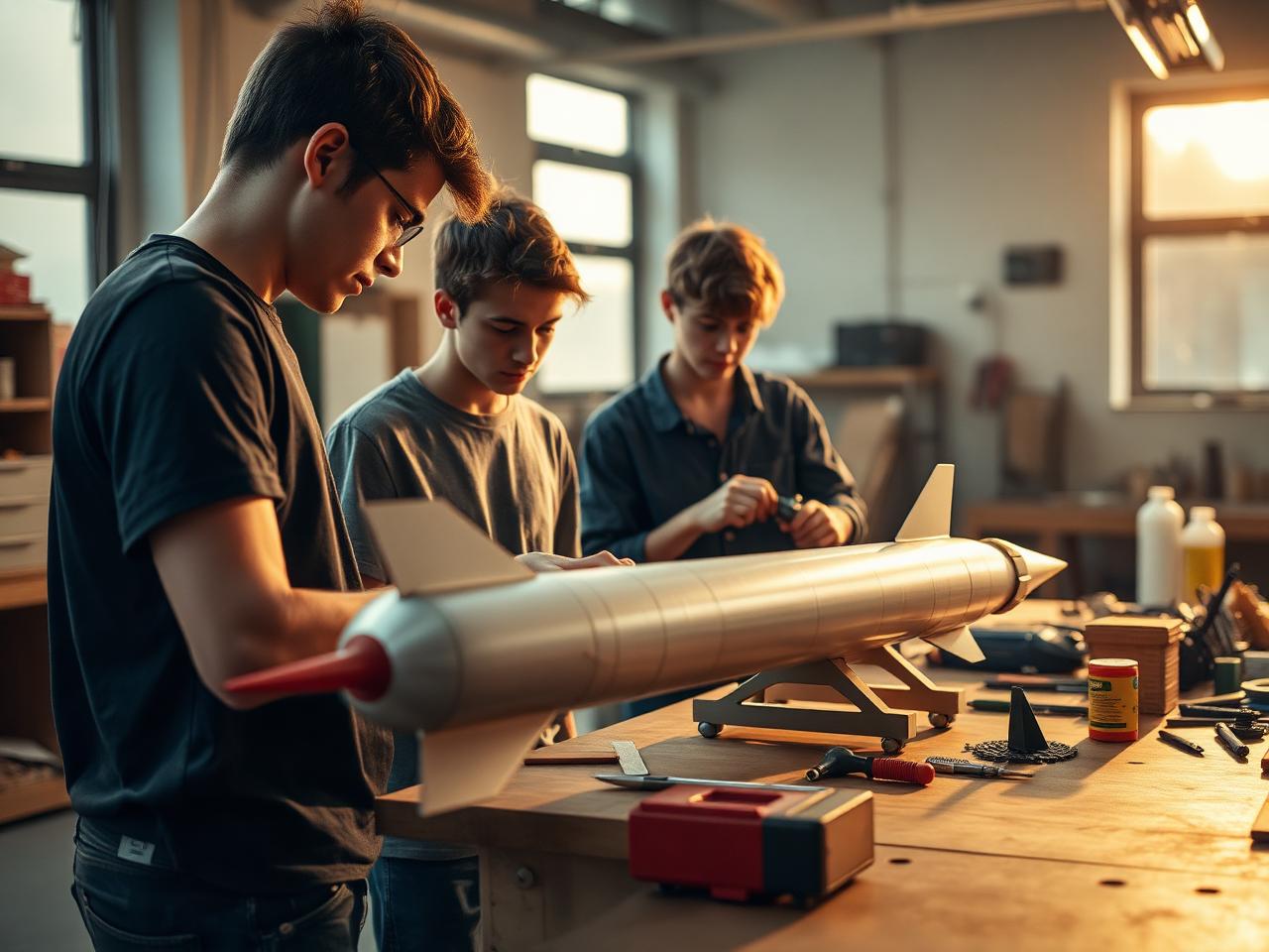 Students fitting fins to a rocket body tube during airframe assembly