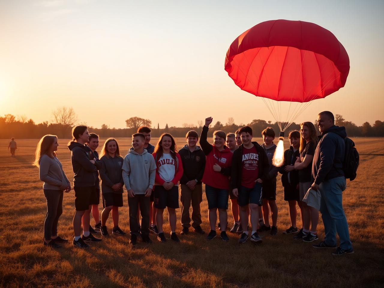 Students, mentors and families walking the recovery field after a flight