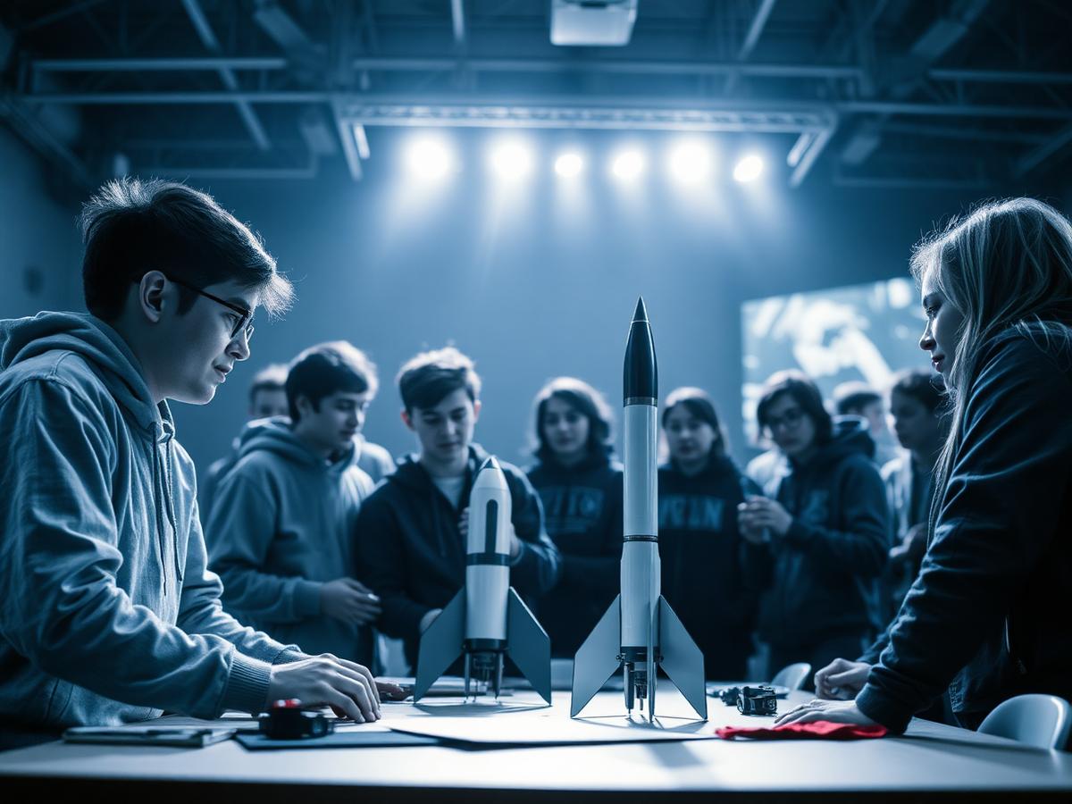 A student team presenting their rocket design decisions at a competition